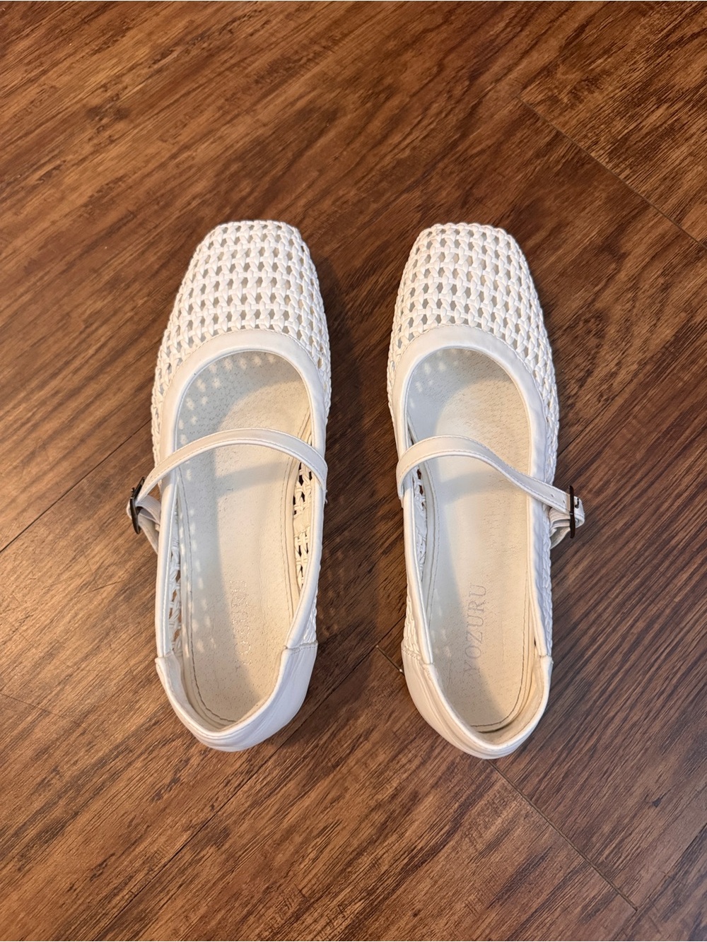 Amazon White Woven Mary Jane Flats with Adjustable Strap